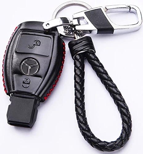 WAFERN Genuine Leather Key Case Cover Shell for Mercedes Benz 2-3 Button Keyless Entry Remote Control Smart Car Key Protection Fob Skin Cover Etui with Braided Key Chain & Rings in Black