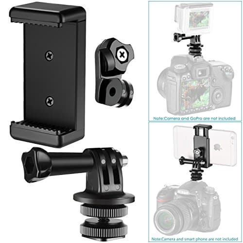 Feelones 3-in-1 Hot Shoe Mount Adapter Kit - includes Hot Shoe Mount, GoPro Adapter and Universal Phone Holder for Attaching Phone or GoPro Hero on DSLR