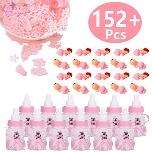 Baby Shower Pink Candy Bottle Gift Box Feeder Style Mini Plastic Sleeping Baby and 'It's a Girl' Baby Shower Confetti for Baby Shower Favors Table Party Decorations Supplies.(152 Pieces) (Girl)