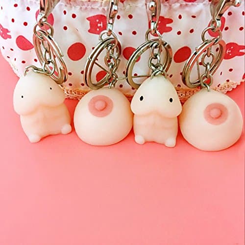 Tamicy 4PCS Soft Key Ring Keychain - Cute Mochi Fun Joke Pendant & Healing Toy Squeeze Keychain ( Breast & Dingding)