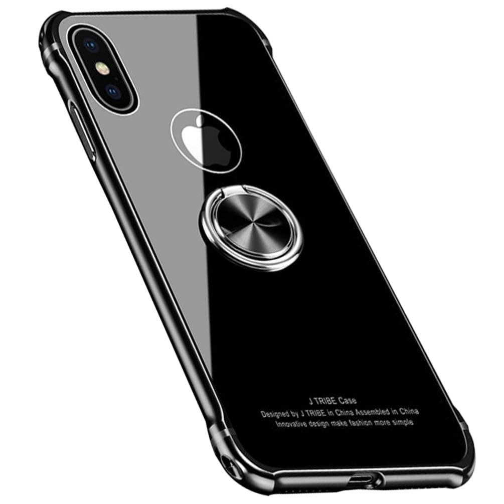 iPhone Xs Max Glass Case, Premium Aluminum Alloy Frame Ring Holder Magnetic Car Thin Rugged Protective Cover Compatible with iPhone Xs Max (Black)