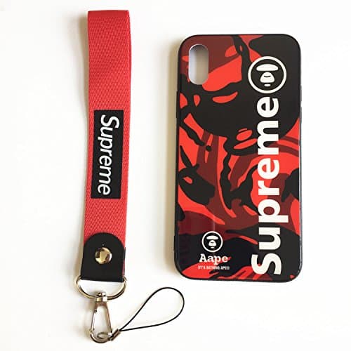 iPhone X/10 Supreme Case,Tempered Glass Back Case with Wrist Lanyard,Streetwear Fashion Hard Glass Back Cover Soft TPU Bumper Frame Anti-scratch Shockproof Resistant Case for iPhone 10/X Case (Red)