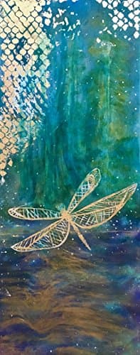 Dragonflies &amp; Fireflies Under A Golden Weeping Willow Tree in Gold Leaf, Resin, Ink, Acrylic, Abstract Night Forest Lake Painting Home Decor