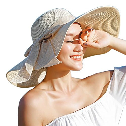 Womens Floppy Sun Hat Packable Wide Brim Straw Hat with Bowknot Beige
