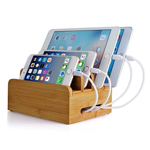 Bamboo Charging Station, Upow 4-Port USB Multi-device Cords organizer and Smart IC Tech Fast Charge for iPhones, iPad, Smasung Galaxy, Nexus and More Phones and Tablets (Bamboo)