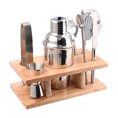 DPThouse 7 Piece Cocktail Shaker Barware Set Bar Set Stainless Steel w/ Wood Stand