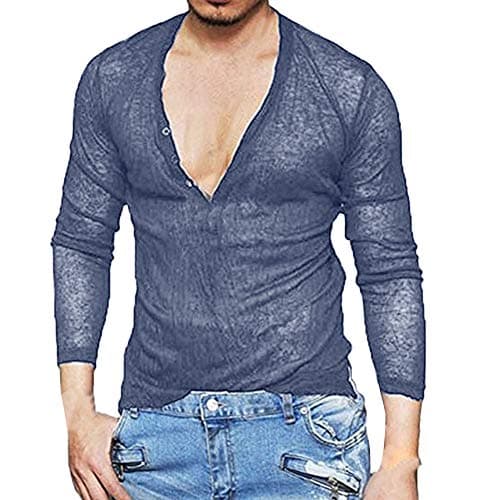 Moserian T Shirt for Men Solid Color Deep V-Neck Long Sleeve Slim Basic Blouse