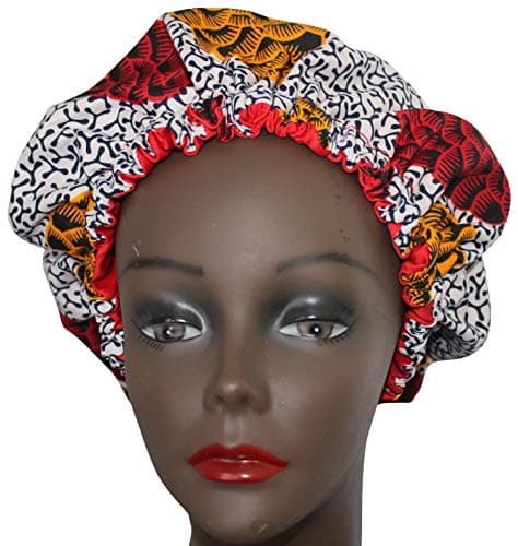 Reversible Satin Lined Ankara Bonnet - Large Double Layer African Print Bonnet Night Cap (White and Red)