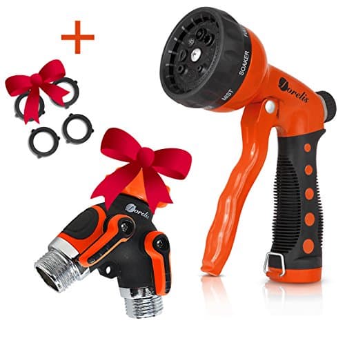 Forelis Hose Nozzle and 2 Way Splitter Set - Premium 8 Pattern Water Sprayer. High Pressure and Robust