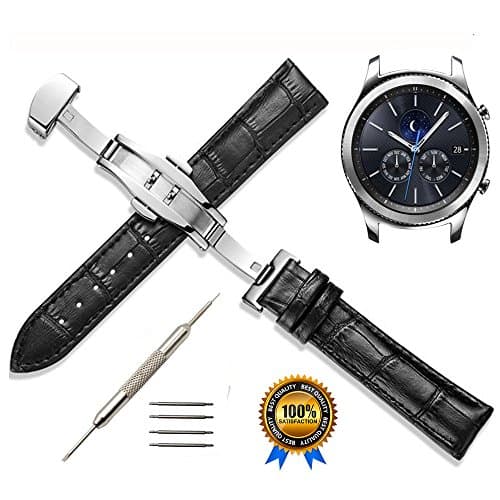 22mm Genuine Leather Watch Band - Replacement Strap for Samsung Gear S3 Frontier/S3 Classic/Moto 360 2nd Gen 46mm Smart Watch (Black)