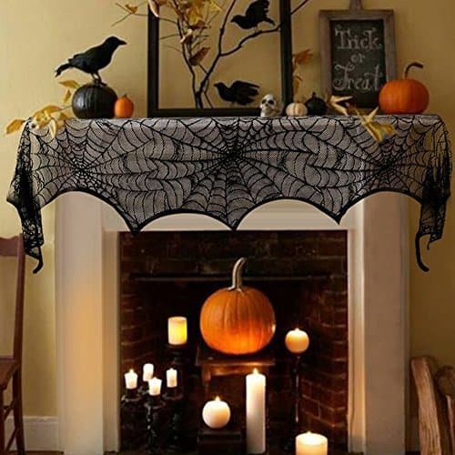 18”x 96”Halloween Spider Web Decoration Valance Cobweb Mantel Fireplace Scarf Door Window Lace Spiderweb Mantle Scarf Runner Festive Party Supplies for Halloween Parties, Décor &amp; Spooky Meals, Black