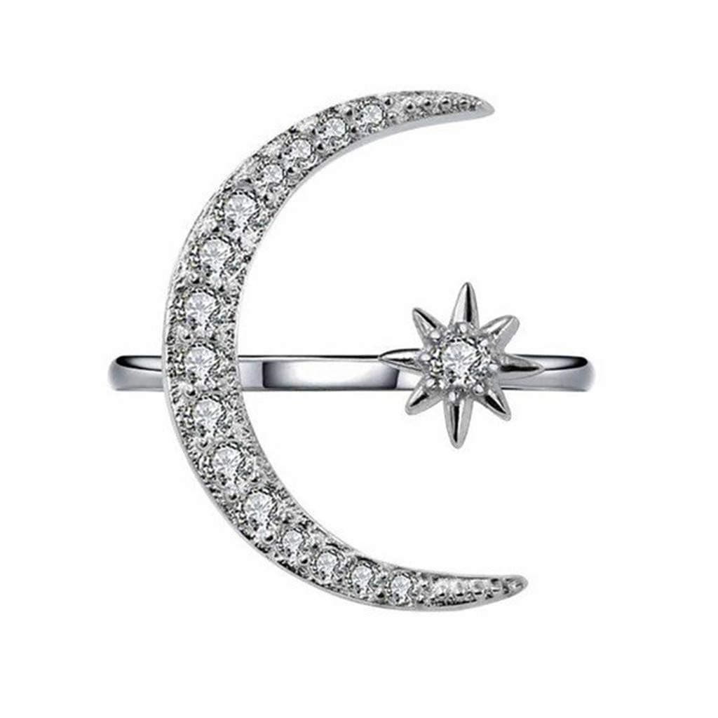 Haluoo Sterling Silver Moon Star Ring, Cubic Zirconia Diamond Cz Moon Star Open Ring Adjustable Wrap Stackable Ring Women's Statement Ring Wedding Gift