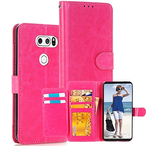 LG V30 Case,Luxury PU Leather Wallet Flip Protective Case Cover with Card Slots,Magnetic Closure and Stand Holder for LG V30(2017) (Hot Pink)