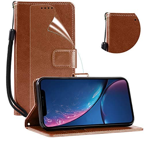 Case for iPhone XR [2 in 1] iPhone 9 Wallet Case [Wrist Strap] [Card Slot] [Kickstand] iPhone XR (6.1'') Flip Case Cover with HD Screen Protector for iPhone XR-Brown