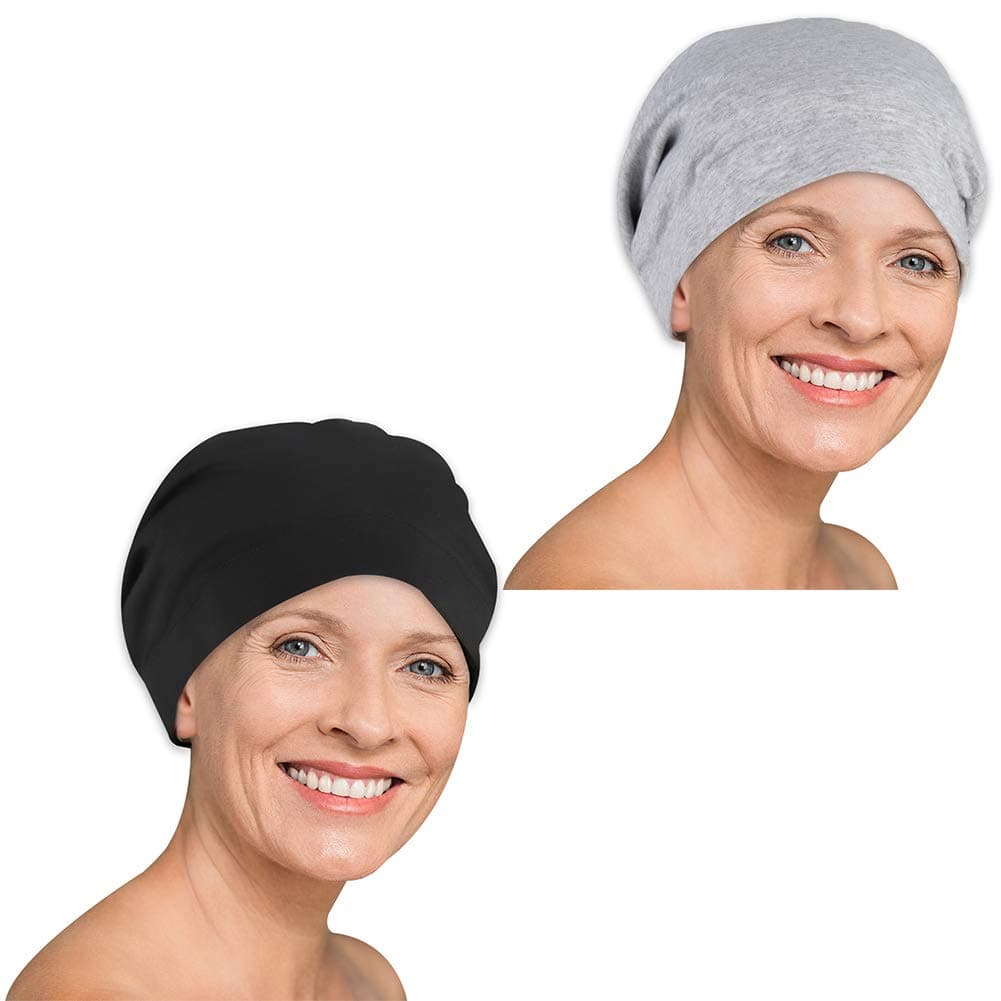 Chenkaiyang 2 Pack Sleeping Cap Silk Stain Lined Hair Cap Inner 19MM 100% Mulberry Silk Outer Bamboo Viscose Nature Breathable（Black/Grey）