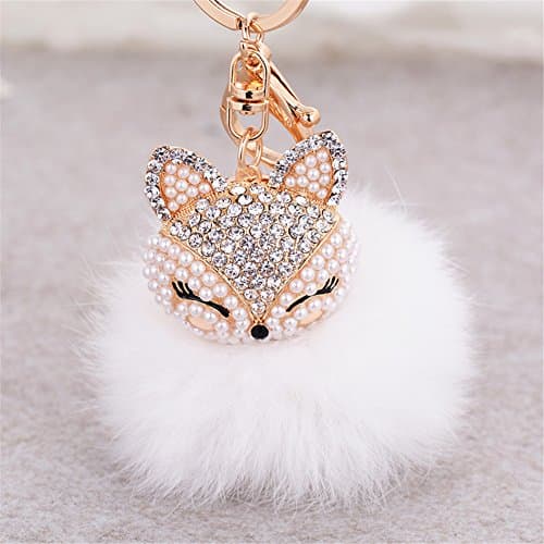 Anple SWEET-699 Real Rabbit Fur Ball with Artificial Fox Head Inlay Pearl Rhinestone Key Chain for Womens Bag or Cellphone or Car Pendant (White3)