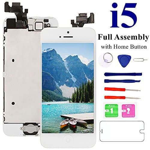 Nroech Screen Replacement for iPhone 5(White), Full Assembly with Front Camera, Ear Speaker and Light/Proximity sensor Pre-assembled,Tools & Tempered Glass Screen Protector Included.