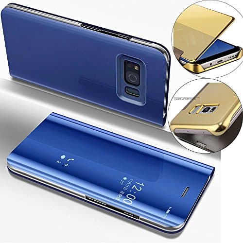 LEMAXELERS Galaxy S7 Edge Case Ultra-Slim Luxury Shock-Absorption Clear View Flip Electroplate Plating Mirror Makeup KickstFeature Full Protection Cover for Samsung Galaxy S7 Edge,Mirror PU:Blue
