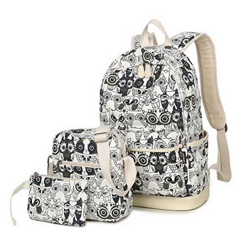 Kofuti Canvas Backpack Set 3 Pieces Cute Print School Backpack for Boy and Girl White Owl