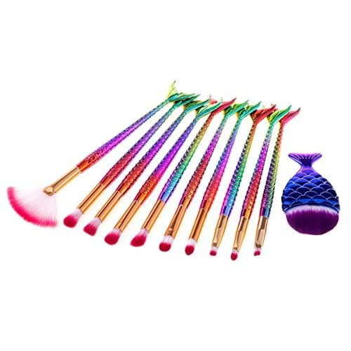 Pro Makeup Brushes 11PCS Mermaid Make up Brush Set Foundation Eyebrow Eyeliner Blush Cosmetic Concealer Brushes (Colorful)