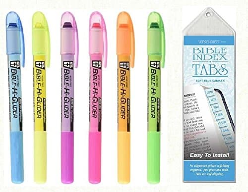 6 Pack Bible Highlighter Study Kit + Blue Verse Finders Bible Tabs Set