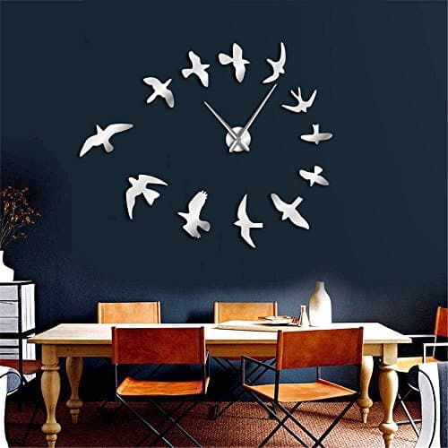 1Piece DIY Decorative Mirror Large Wall Clock Modern Design Flying Birds Frameless Clock Luxury Wall Art Decor Wall Watch Clock Silver 37inch