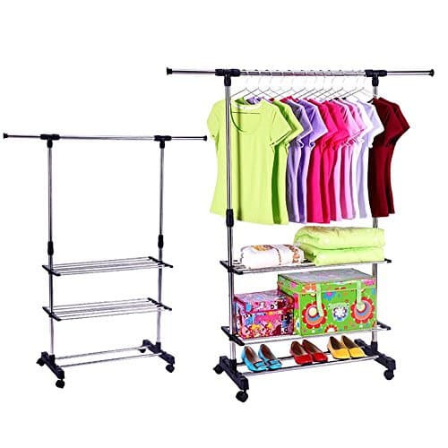 ZOCY Garment Rack Rolling Portable Adjustable Height and Length Garment Rack with Wheels Stainless Steel and Three Bottom Shelves.
