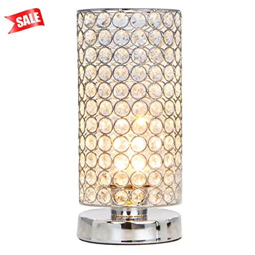 Lutriva Home Elegant Chrome Round Mini Crystal Table Lamp，Decorative Nightstand Bedside Lamp，Beaded Drum Shade