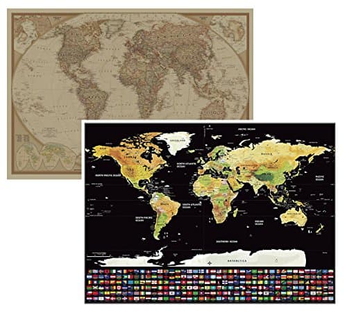 2 World Map Set,SunMirror Retro Kraft Paper World Map & Scratch Off World Map Poster Set