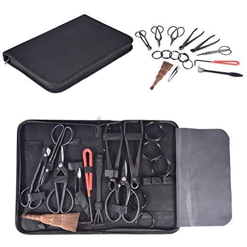 10 Piece Bonsai Tools Kit with Case Scissor Cutter Shear Set Garden Plant Tools Include Cutting Scissors Trimming Scissors Leaf Cutter Concave Cutter Knob Cutter Wire Cutter etc (A, Black)