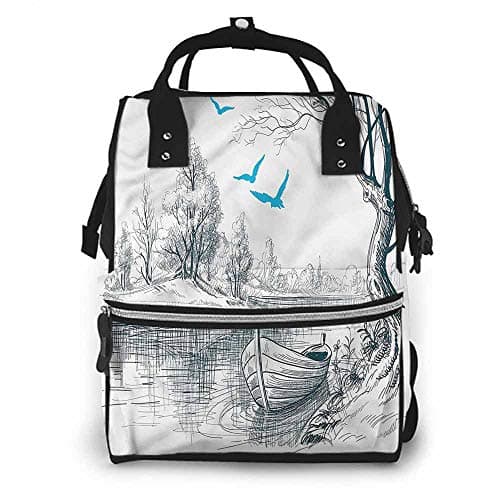 Diaper Bag Backpack Nappy Changing Pad, Landscape Boat on River Drawing, Large Capacity, Waterproof and Stylish
