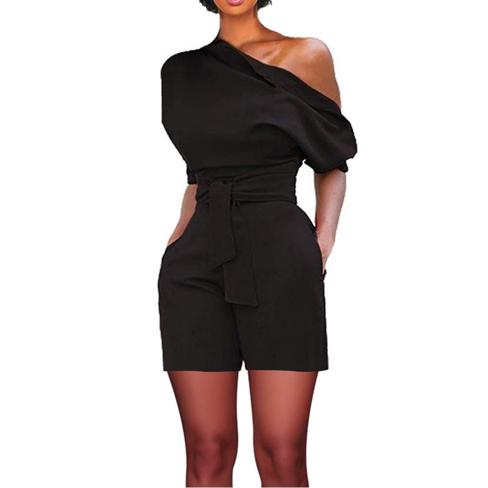 Vilover Women's Sexy One Shoulder Rompers Solid Jumpsuits Short Pants Playsuits