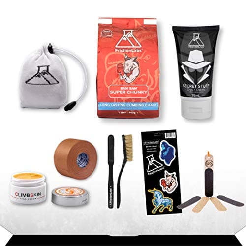 Friction Labs All-in-One Rock Climbing Essentials Bundle | Bam Bam Loose Climbing Chalk, Chalk Ball, Liquid Chalk, Hand Repair Salve, Callus File, Climbing Brush, Finger Tape, Sticker Sheet