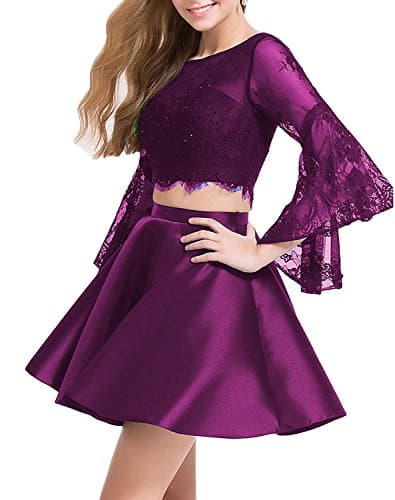 Sob Lace Bodice Two Pieces Homecoming Dresses Short A Line Prom Party Ball Gowns With Long Sleeve SOB202