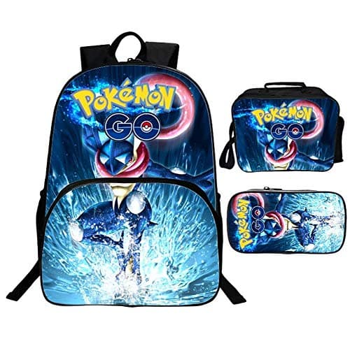 Backpacks for Primary School 3D Pokemon Printing Student Backpack + Lunch Bag + Pencil Case, Teen Girls & Boys School Bookbag