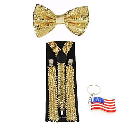 Suspender &amp; Bowtie "Sequin Gold" Y-back Clip on Adjustable Free USA Keychain