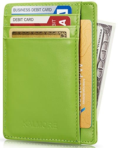 Card Case RFID Protected Genuine Leather Front Pocket Slim Wallet Credit Card Holder with ID Window by KALMORE (Lime Green)