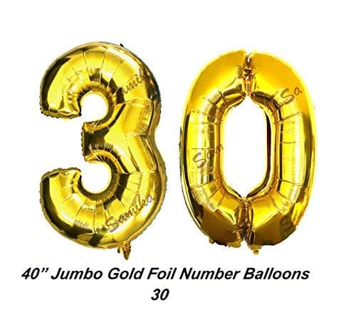 Large 40' Inch Happy 30th Birthday Decorations Set by SAMIKA. Helium Foil Gaint 30 Number Balloons