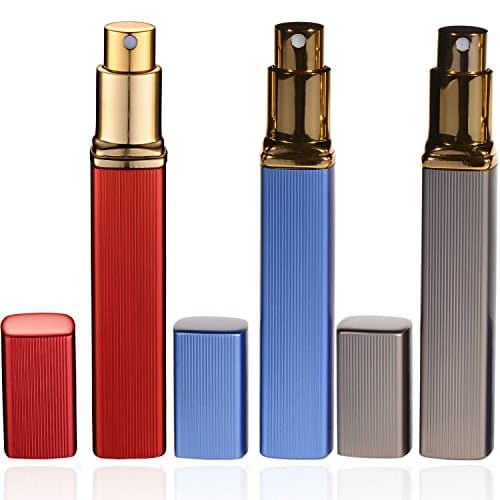 Cecathlon Travel Refillable Perfume Atomizer Bottle Spray, Aluminum 12ml, Empty Spray Scent Pump Case (Set Of 3 Red/Blue/Brown)