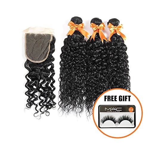 Brazilian Water Wave 3 Bundles with Closure Unprocessed Virgin Human Hair Bundles with Lace Closure 4x4 Free Part Can Be Dyed