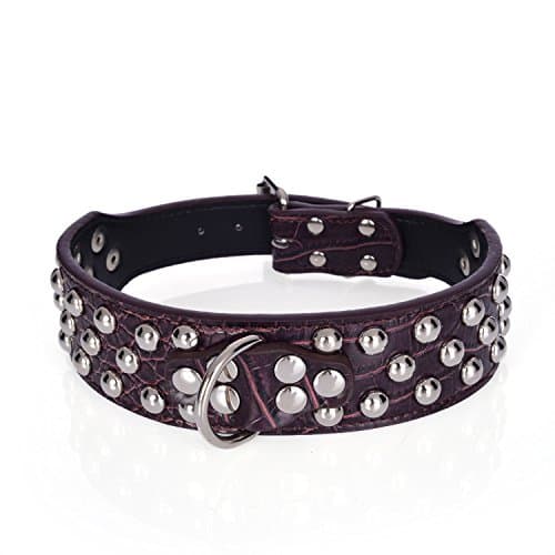 Rachel Pet Products 3 Rows Silver Rivets Studded Genuine Leather Dog Collars for Medium/Large Dogs, Brown, S