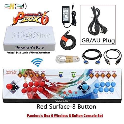 Cholyme LLC 1 Set 8 Button Pandora Box 6 1300 in 1 Wireless Iron Console Set 2 Players Arcade Controller Support FBA mame ps1 3D can add 3000 Game 8b Wireless red GB