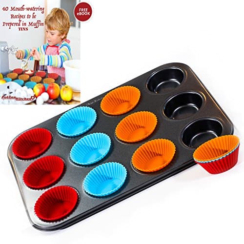 12 Non-Stick, BPA Free Silicon Muffin Cups, Bakeware mold with Regular Carbon Steel Cupcake Oven Pan