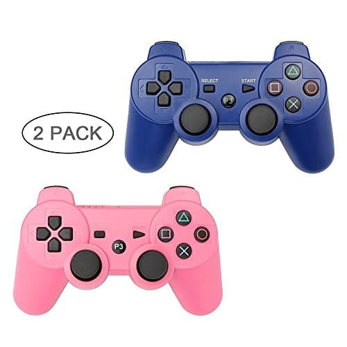 PS3 Controller 2 Pack Wireless Bluetooth Six Axis Controllers Gamepad for PlayStation 3 Dualshock 3 (Blue+Pink)