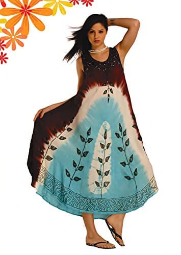 Women's Indian Multi Colors Leaf Print Tie Dye Free Size Sleeveless Rayon Dress (Yellow Brown)