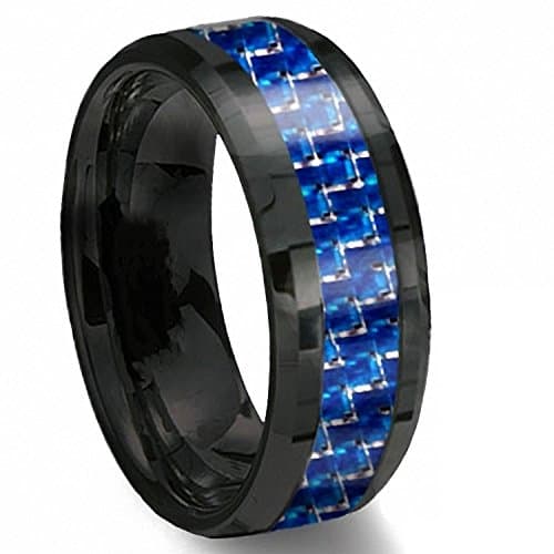 8mm Black Tungsten Ring with Blue &amp; White Line Carbon Fiber Wedding Band Size 6-13 Half Size (6.5)