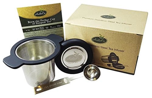 AulivCo Tea Infuser Set Bundle with Mesh Stainless Steel Strainer, Black Silicone Handle, Lid and Teaspoon