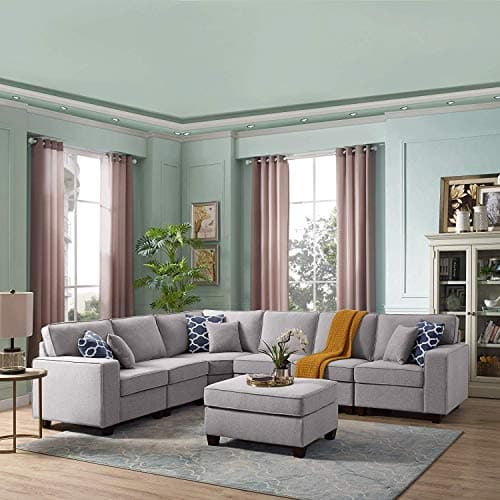 7-Piece Modern Style Linen Fabric Sectional Sofa L Shape Couch with Ottoman & Reclining Backrest Living Room/Office Furniture Free Combination Set Light Gray