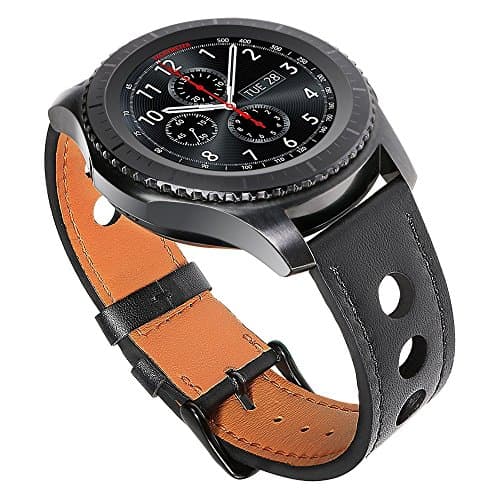 for Samsung Gear S3 Bands with Quick Release Pins, Loxan 22mm Premium Soft Genuine Leather Watch Band, Replacement Smart Watch Strap for Gear S3 Frontier/Classic Sports Smartwatch, Black