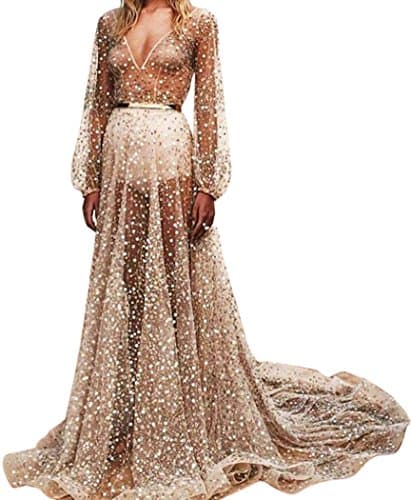 Qullyo Sexy Deep V-Neck See-through Sequined Party Dress